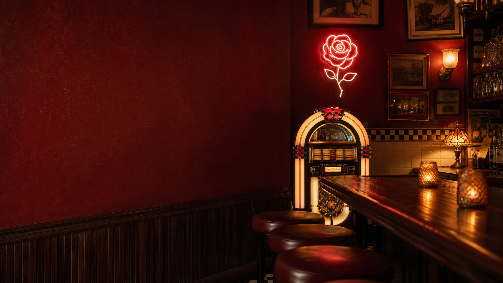 Concept rendering of a warmly lit vintage bar with a jukebox and a glowing rose